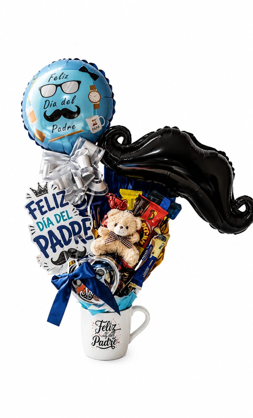 🎩🍫 Bigotera dulce para Papá con globo, chocolates, peluche y taza ✨