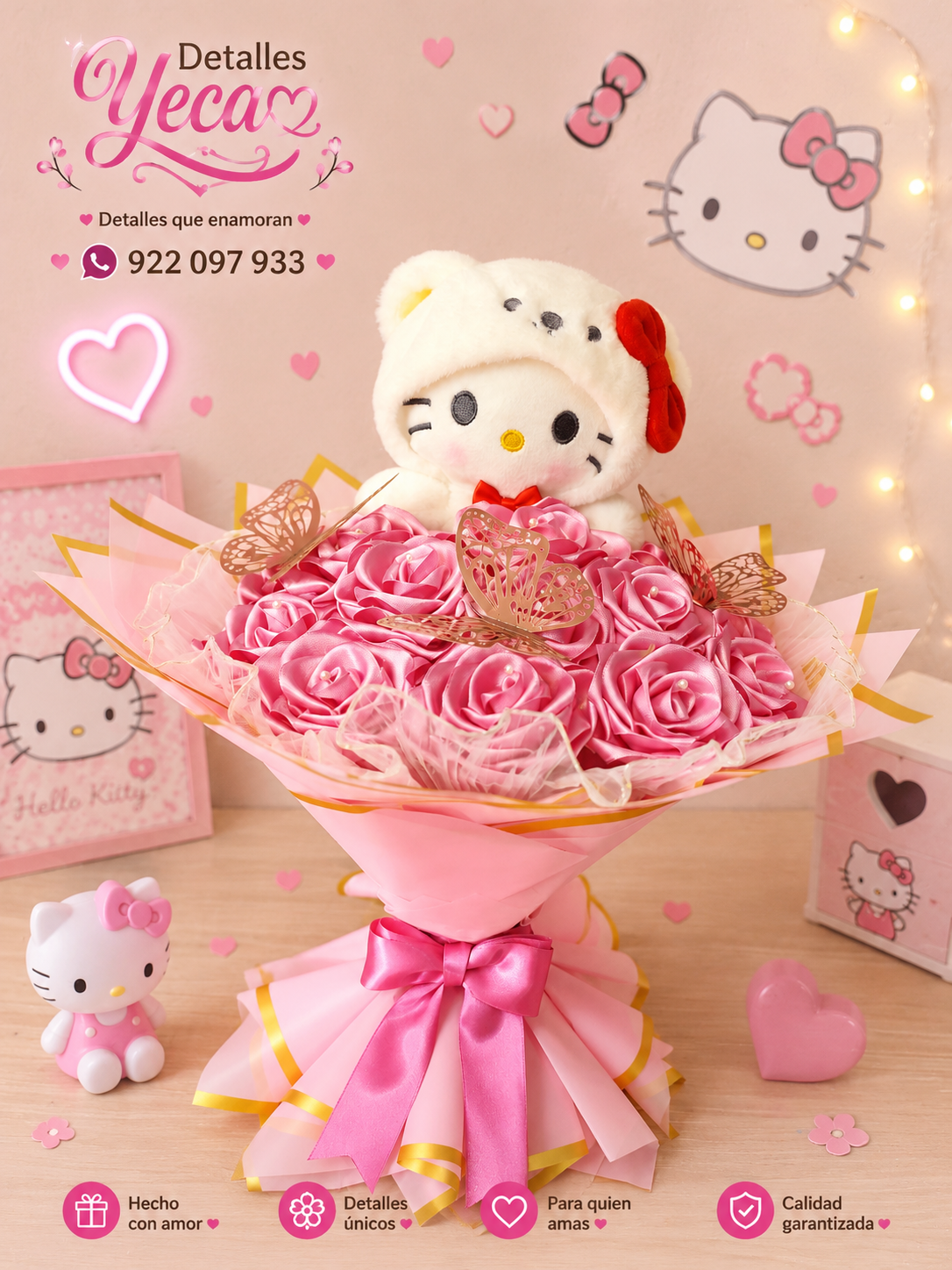 Bouquet de Rosas Eternas de Cinta Satinada con Peluche Hello Kitty 🎀🌹